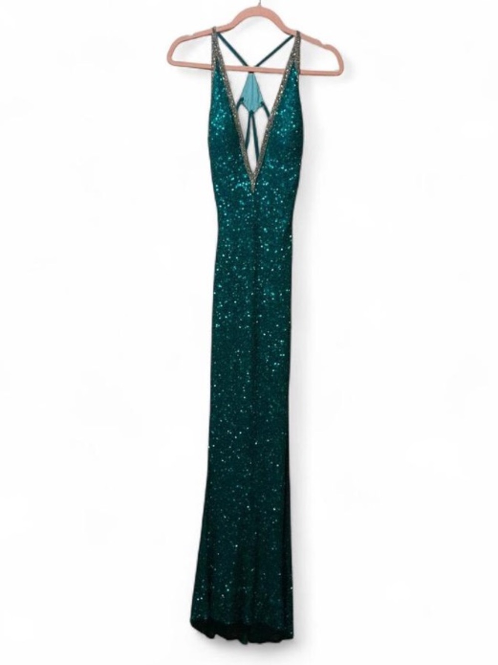 SCALA Emerald Sea Green Sequin Sparkle Deep V Hollywood Evening 100% Silk Gown
